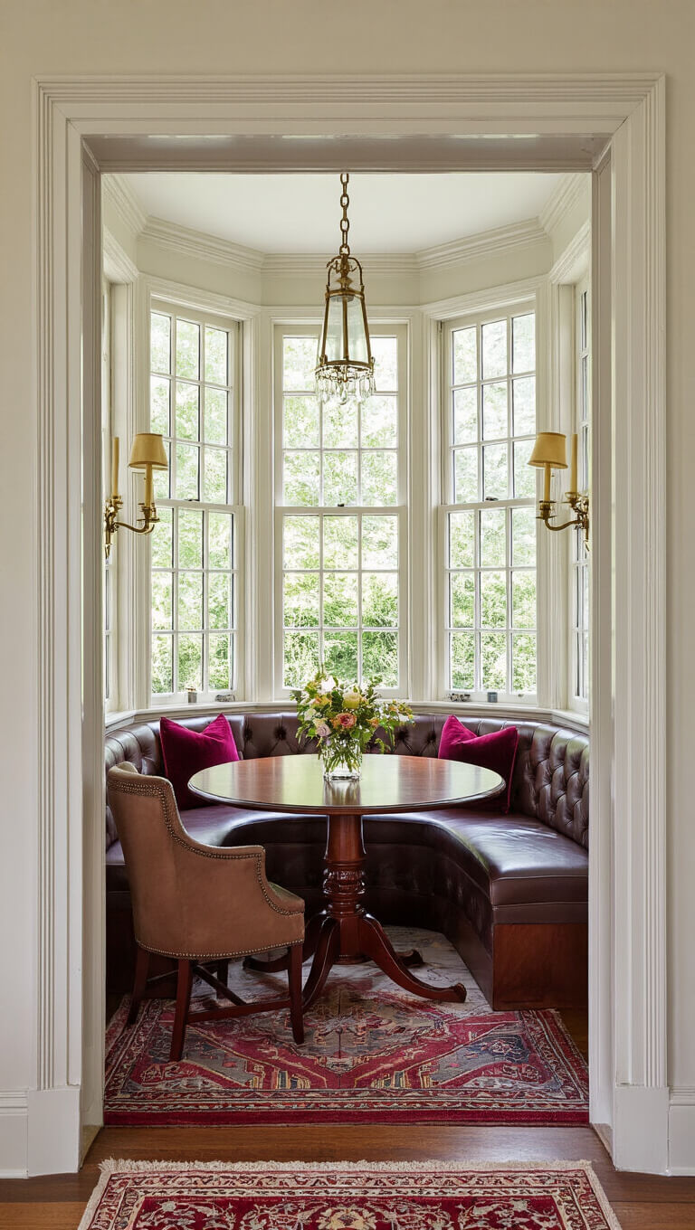 Elegant traditional English breakfast nook with mahogany table, tufted leather banquette, jewel-toned cushions, oriental rug, and garden views through bay window, framed by doorway.