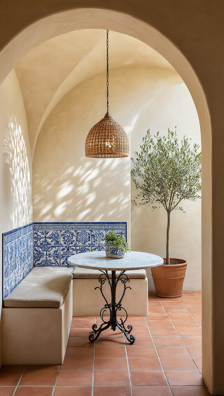 Mediterranean-style arched alcove with terracotta tiles, marble-top table, tiled bench, woven pendant light, and potted olive tree in warm afternoon light.