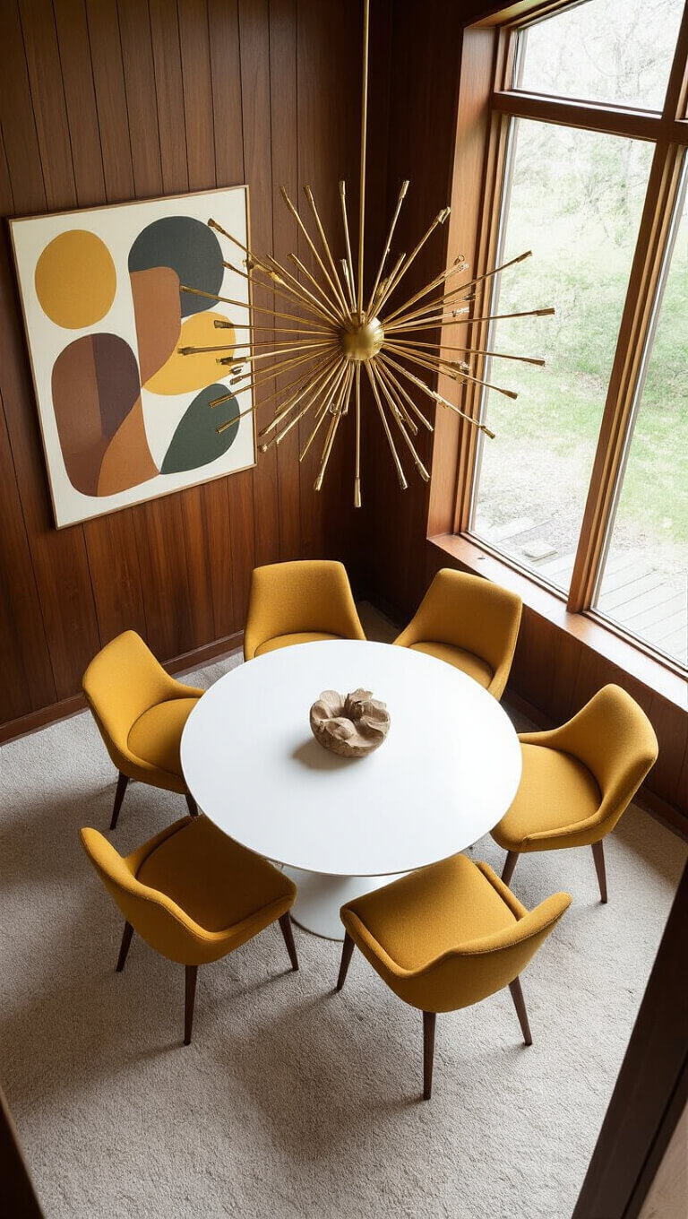 Mid-century modern corner with walnut paneling, mustard yellow chairs around a Saarinen-style table, brass starburst chandelier, and abstract earth-tone art, viewed from above.