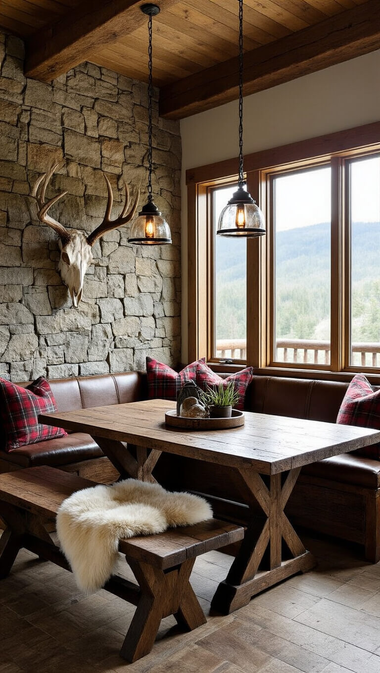 Rustic mountain nook with stone accent wall, timber framing, reclaimed wood table, leather bench, sheepskin throws, iron and glass pendant lights, antler decor, and plaid textiles in dramatic evening light.