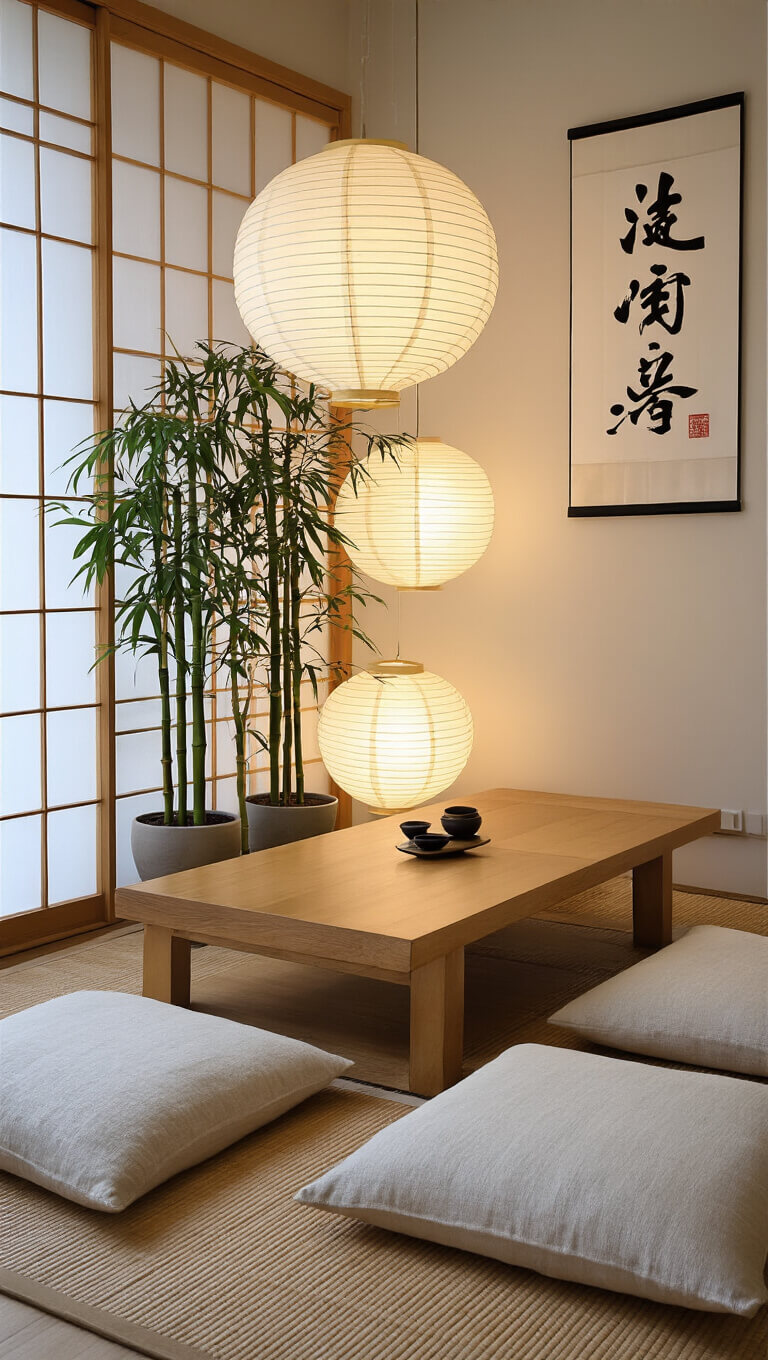 Zen-inspired nook with low wooden table, floor cushions, shoji screen, bamboo plants, calligraphy art, and paper lantern lighting.
