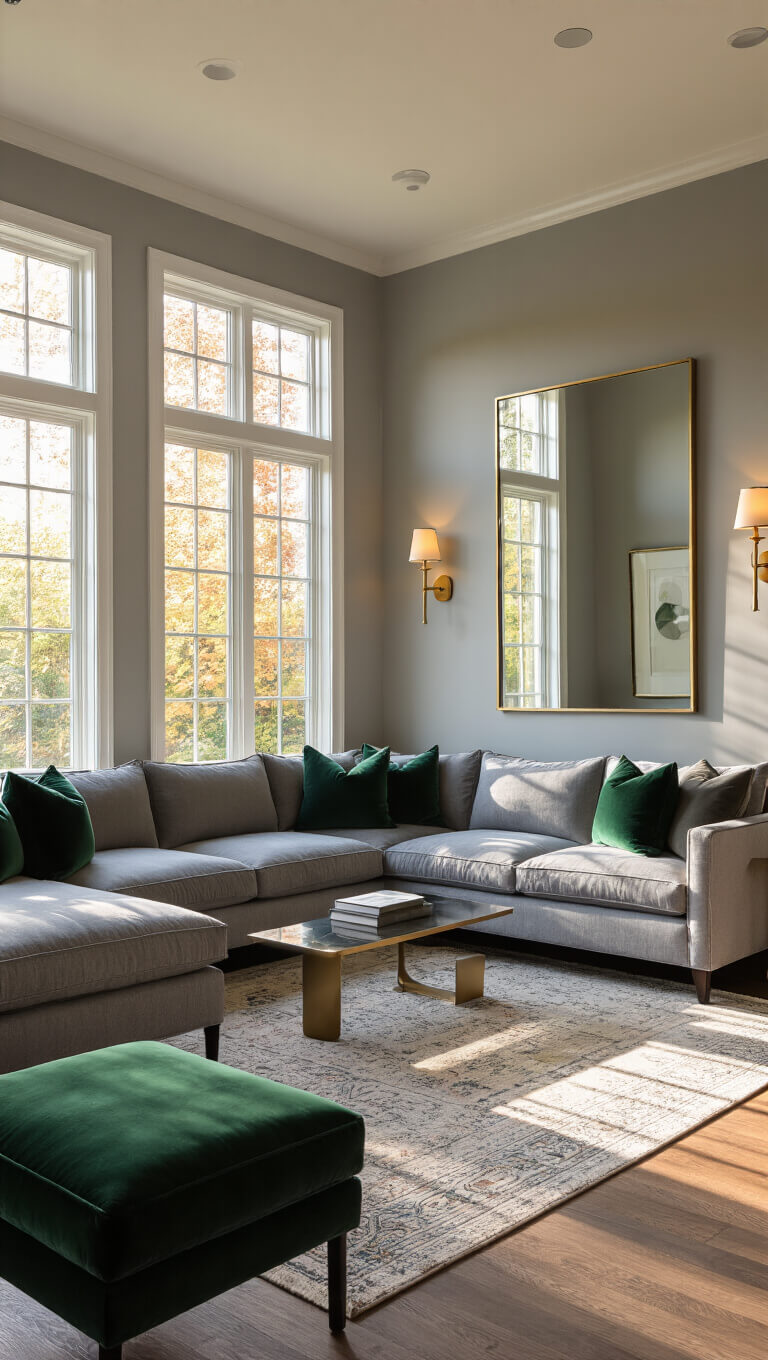 Cozy 12x14ft living room at golden hour with gray sectional, emerald pillows, brass accents, and layered warm lighting.