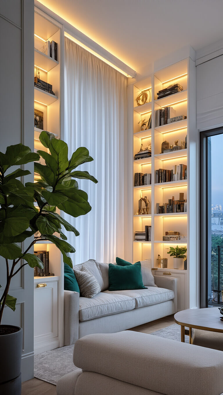 Wide-angle view of a compact living room at dusk with tall white built-in bookshelves, brass hardware, a large fiddle leaf fig, sheer white curtains, and warm LED lighting in a warm gray and white color palette with emerald and navy accents.