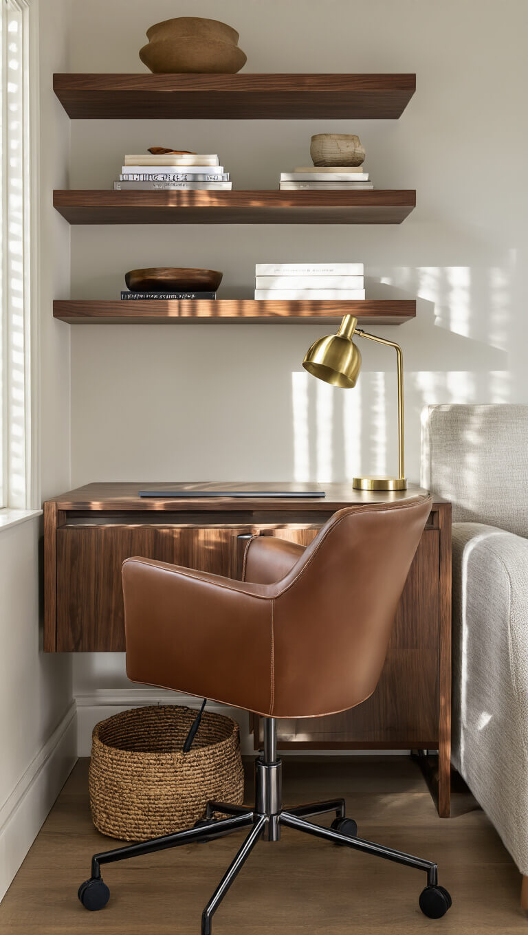 Multifunctional living room corner with walnut console table as workspace, leather chair, brass desk lamp, floating shelves with decor, woven basket, and textured wall covering.