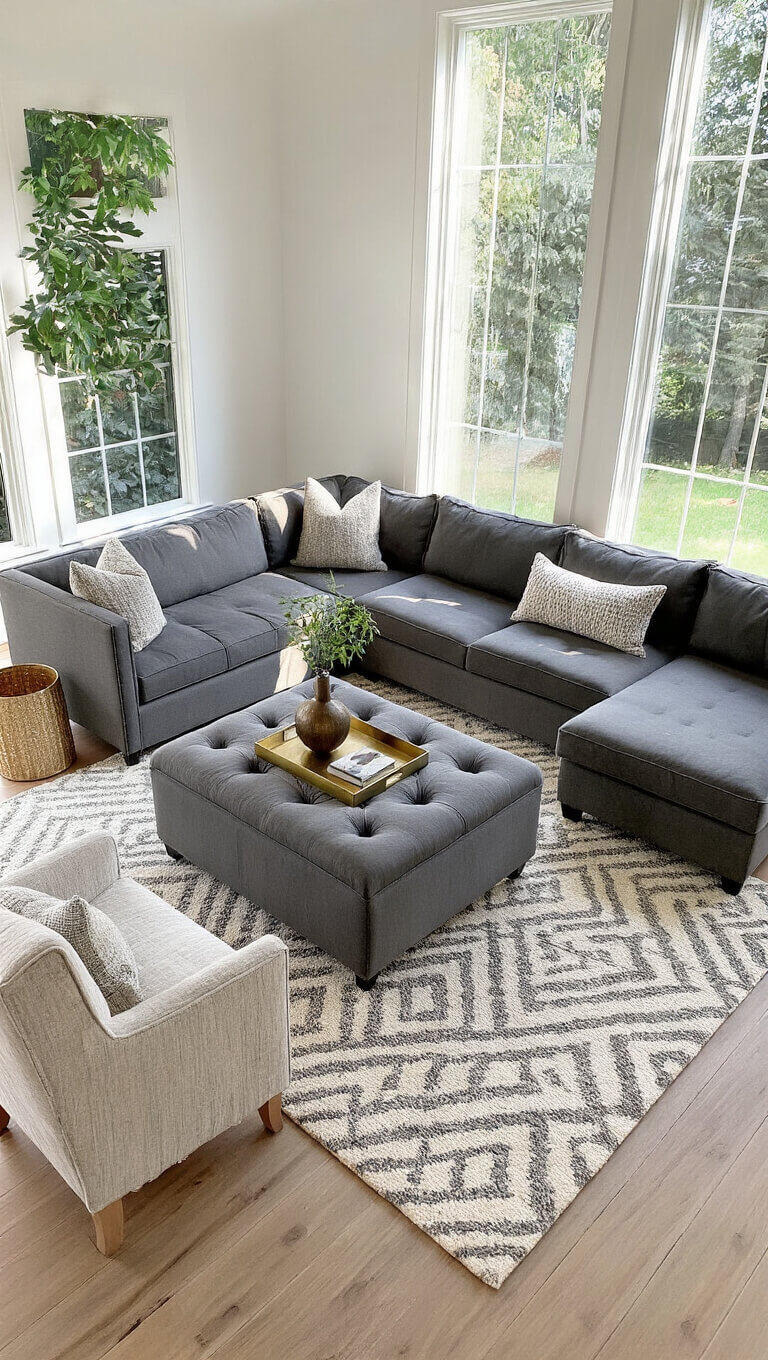 Elevated view of a stylish seating area with charcoal tufted ottoman, L-shaped velvet sectional, and gray geometric rug in soft afternoon light.