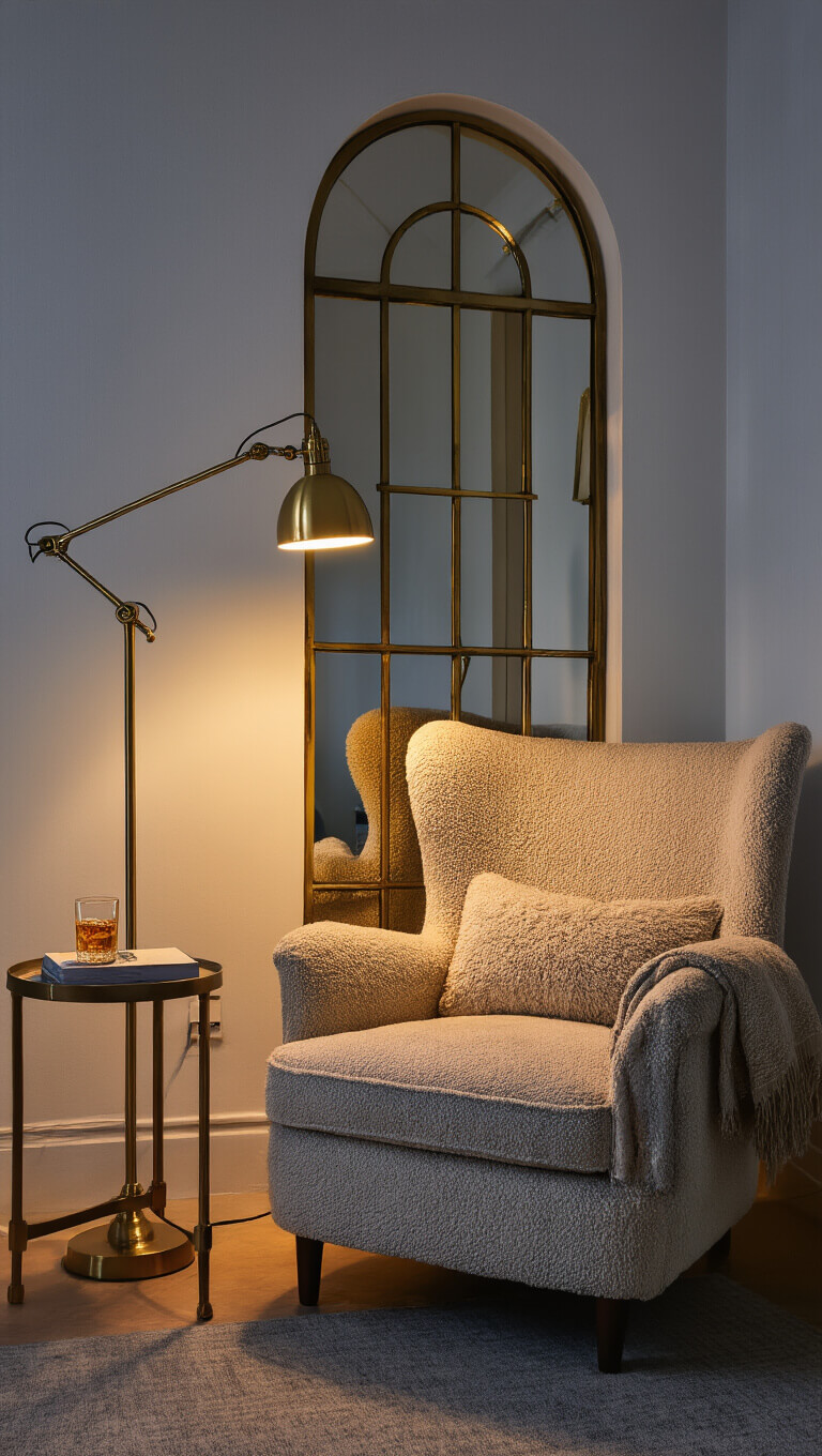 Cozy reading nook with bouclé armchair, brass floor lamp, arched mirror, and soft blue hour lighting.