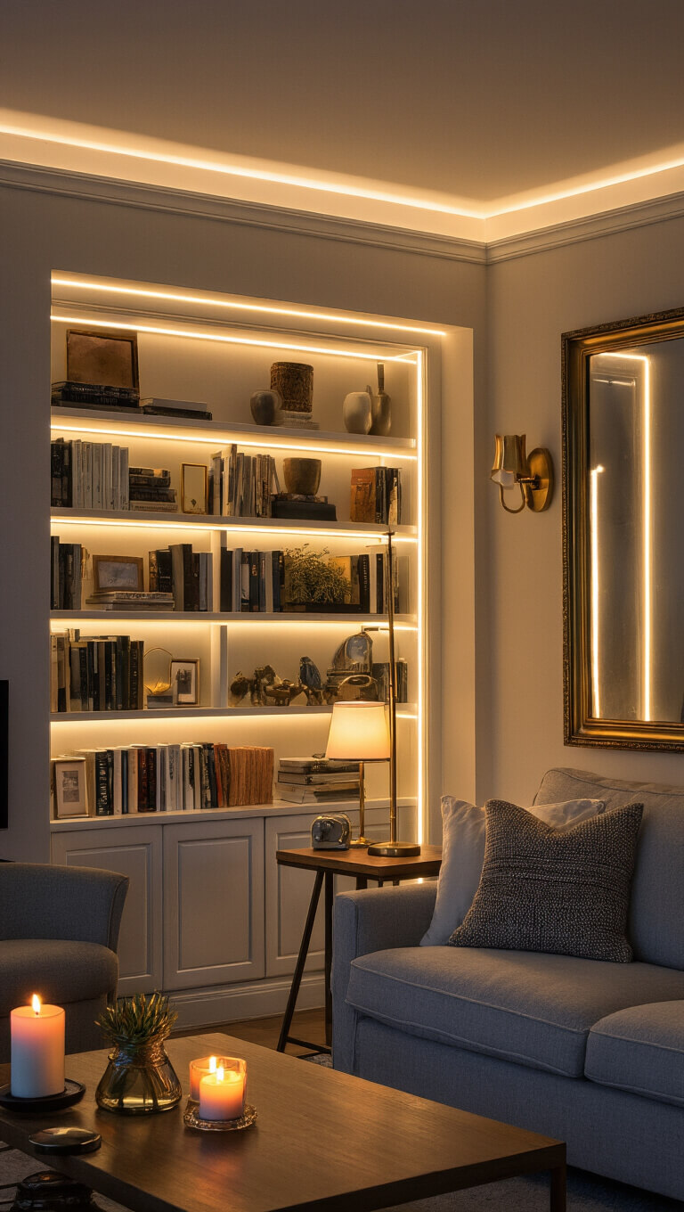 Layered living room lighting at twilight with ceiling lights, brass sconces, table lamps, LED-lit bookshelves, and candle glow reflecting off mirror and metallic surfaces.