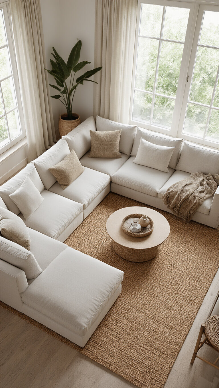 Bird’s eye view of a well-planned living room with an L-shaped sectional in the corner, layered rugs defining the seating area, floating furniture pieces creating clear pathways, and natural light streaming through linen-draped windows.