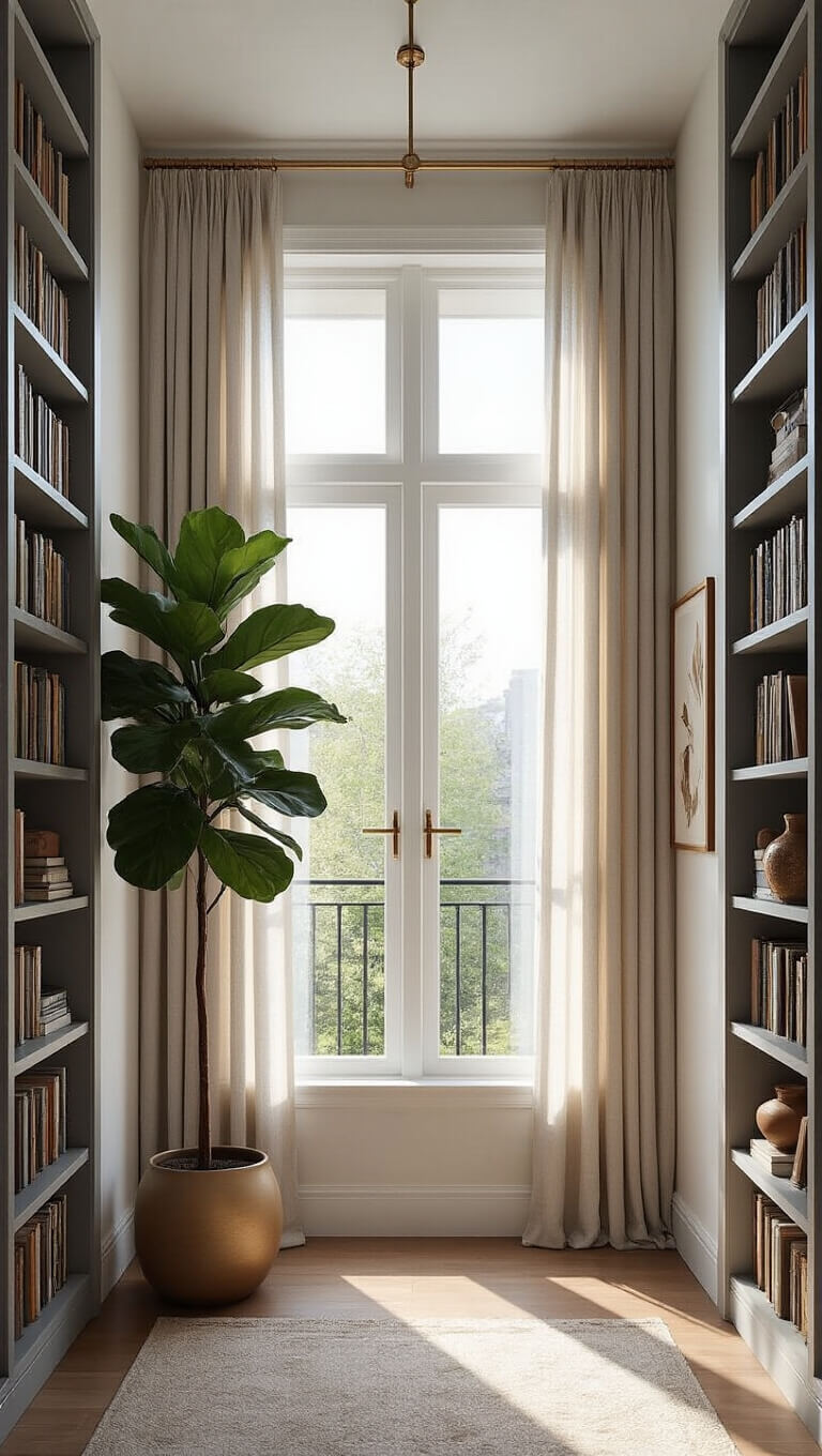 Low-angle view of a sunlit interior with floor-to-ceiling bookshelves, a large window with ceiling-mounted curtains, a tall fiddle leaf fig, vertical art, and warm-toned decor.