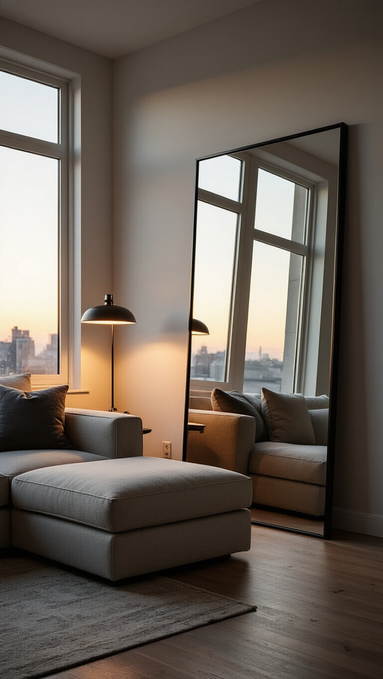 Minimal-framed mirror reflecting golden hour light, sectional sofa, and lighting elements, creating a moody, spacious interior ambiance.