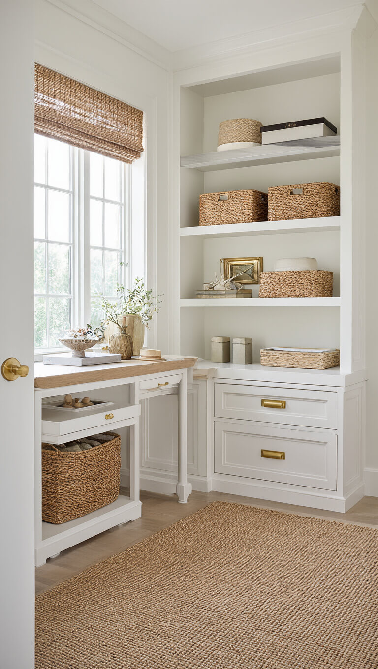 Multi-functional storage furniture in daylight, showing ottoman with hidden compartment, console table workspace, and built-in shelving with brass hardware and woven baskets.