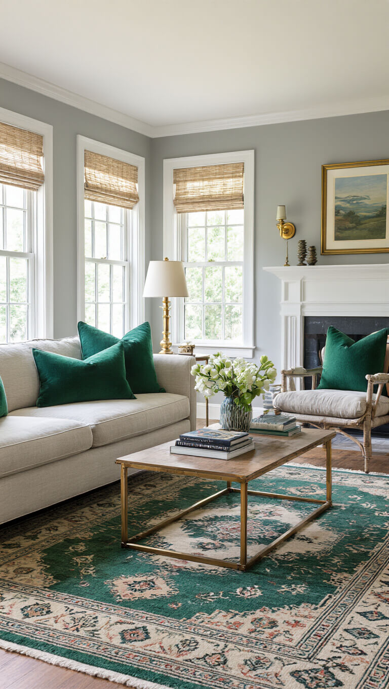 Wide-angle view of a sunlit room with Gray Owl walls, emerald green accents, brass fixtures, and a boldly patterned rug creating a balanced, colorful aesthetic.