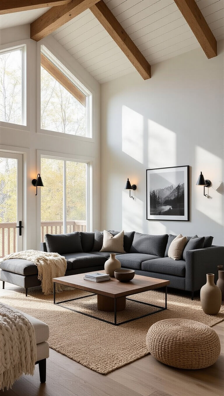 Modern cabin living room with cathedral ceilings, exposed beams, and floor-to-ceiling windows; features a charcoal gray sectional, walnut coffee table, layered textures, and warm natural light.