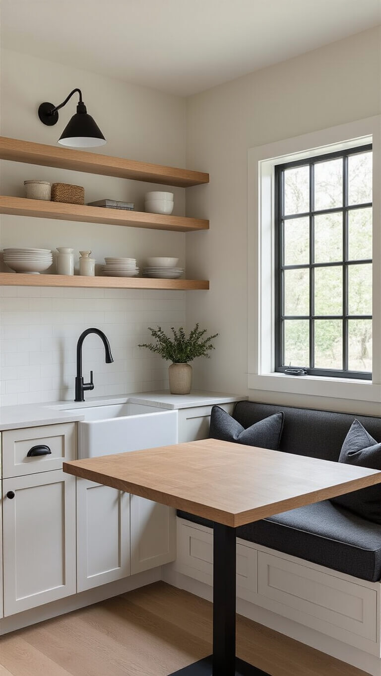 Compact cabin kitchenette with floating white oak shelves, geometric window over farmhouse sink, black hardware, built-in banquette seating, and multi-functional island.