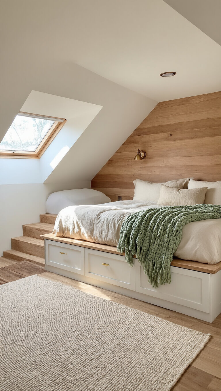 Cozy sleeping loft with platform bed, warm linen bedding, sage knit throw, and walnut headboard, bathed in golden hour light with textured shadows.