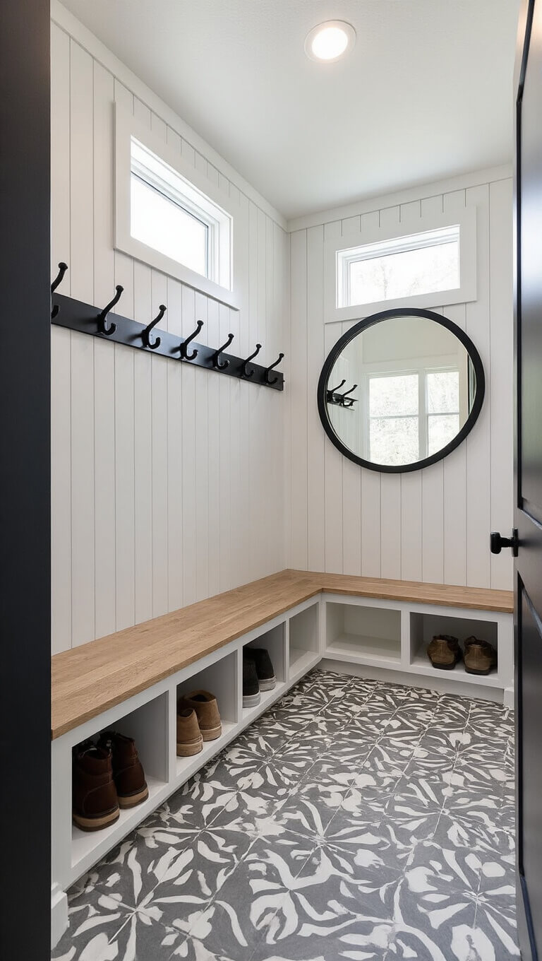 Modern mudroom with white oak paneling, black hooks, floating bench, and geometric tile floor.