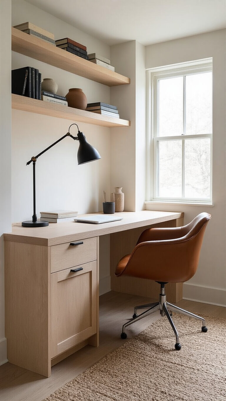 Compact workspace nook with floating bleached oak desk, cognac leather Eames-style chair, matte black task lamp, open shelving with books and ceramics, and dramatic afternoon lighting.