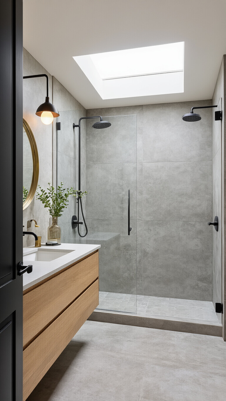 Modern compact bathroom with concrete-look tiles, skylight, matte black fixtures, frameless glass shower, white oak floating vanity, and mixed metal accents.