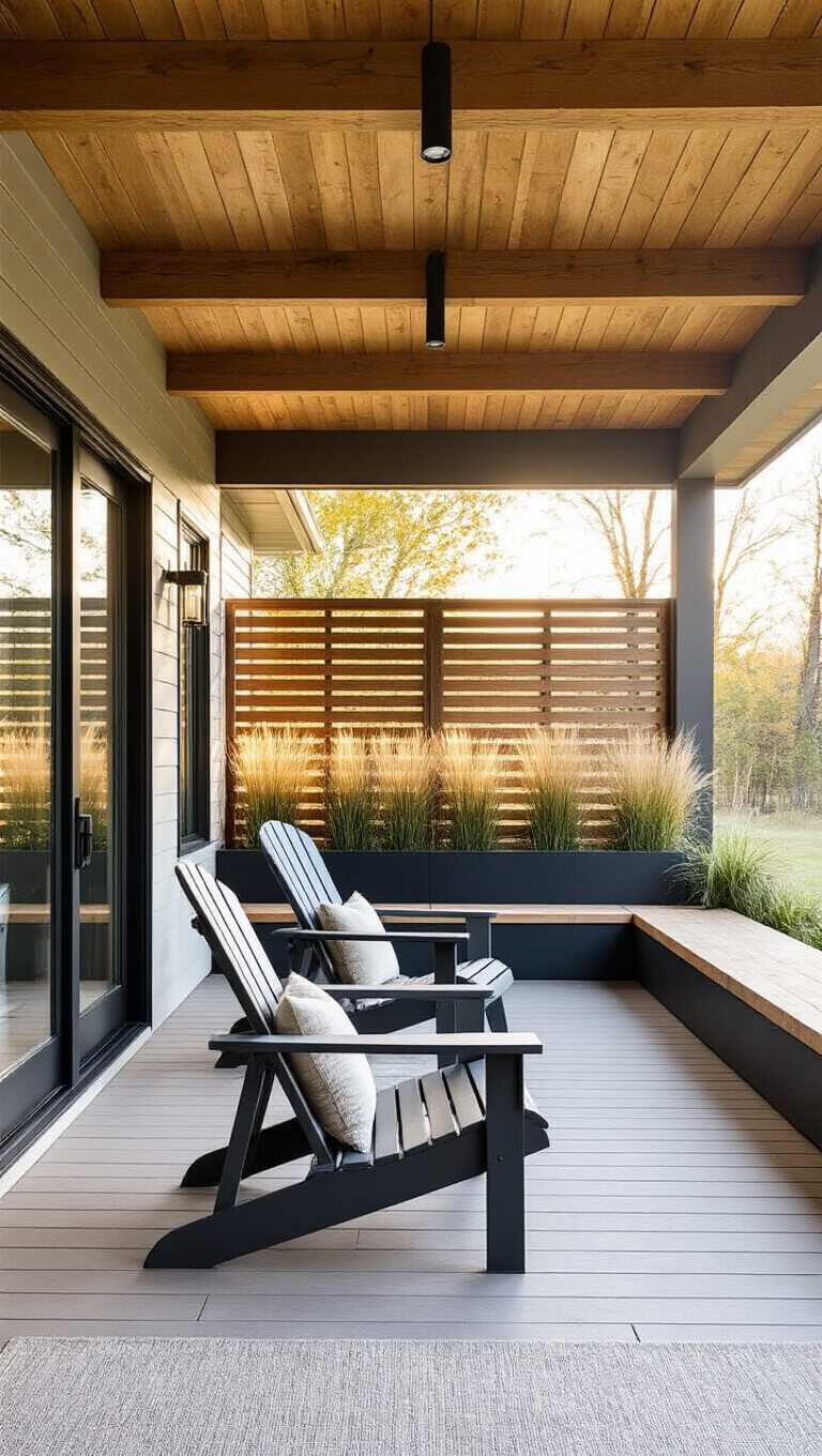 Covered outdoor deck with exposed beam ceiling, modern Adirondack chairs, built-in benches, and potted native grasses, viewed through glass doors at golden hour for seamless indoor-outdoor flow.