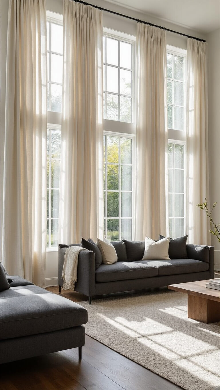 Modern living room with tall ivory linen curtains glowing in late morning sunlight, framing large floor-to-ceiling windows behind a sleek charcoal sofa.
