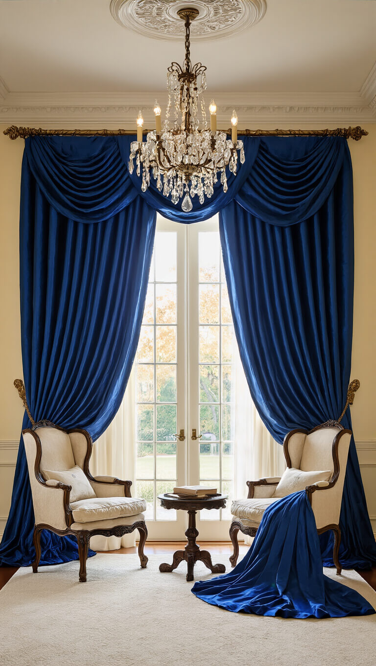 Golden hour light fills an elegant traditional sitting room with sapphire silk curtains, crystal chandelier, and ornate furnishings.