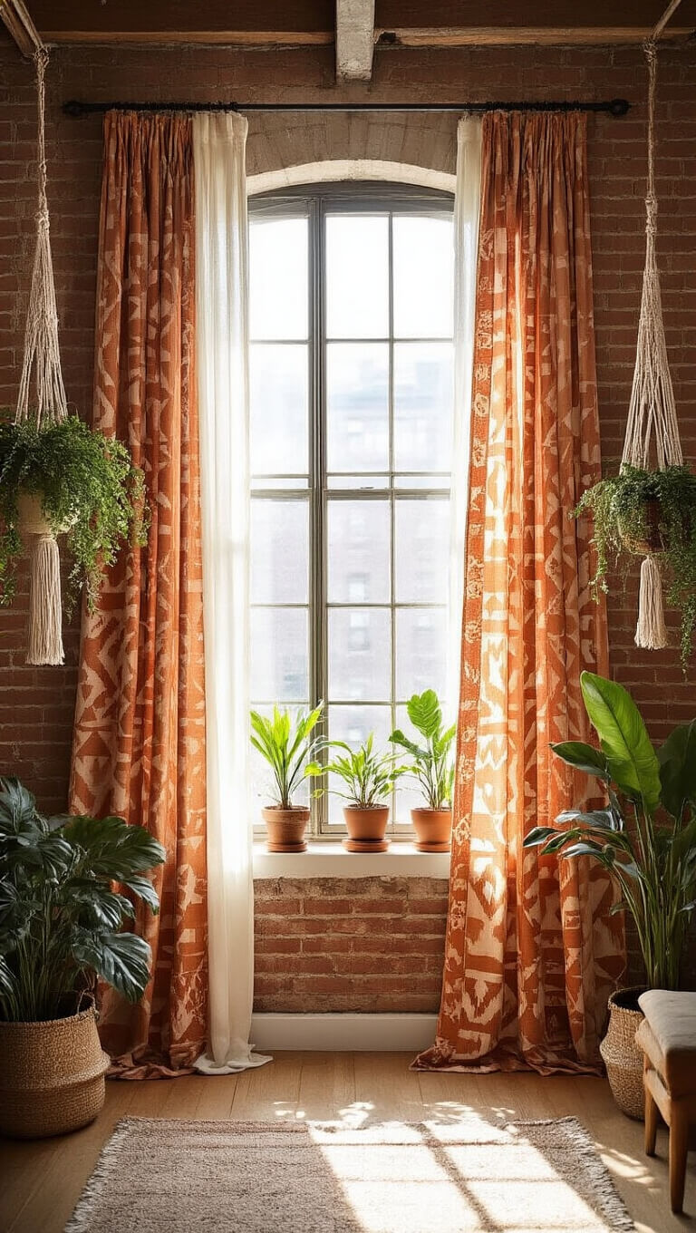Boho loft with exposed brick, terracotta cotton curtains layered over sheer white panels, macramé decor, and potted plants in morning light.