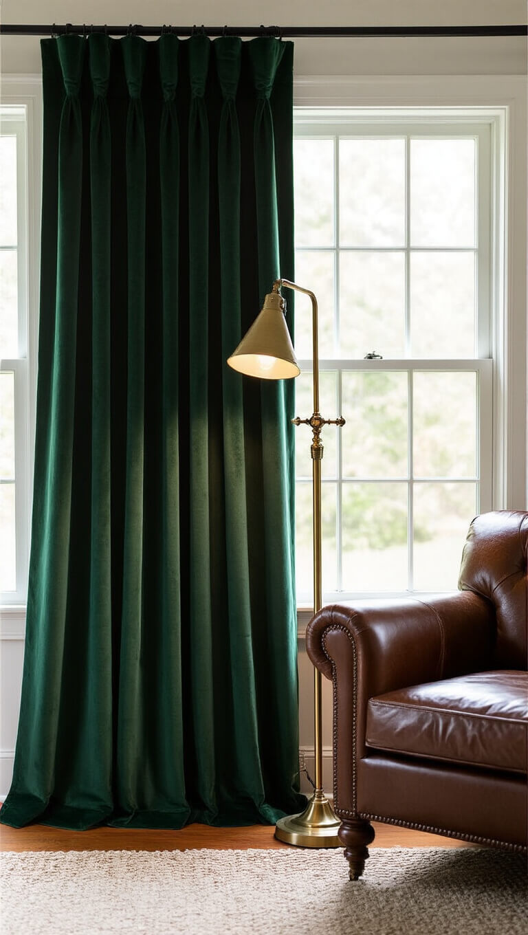 Close-up of forest green velvet blackout curtains with deep pleats, side-lit by a floor lamp near a vintage leather armchair in a cozy reading nook.
