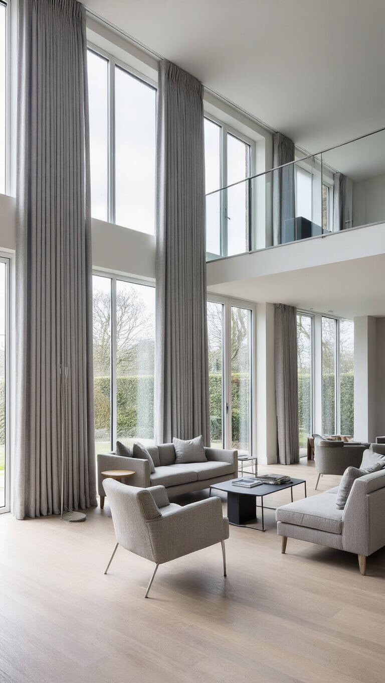 Open-plan living area with double-height windows, dove grey performance fabric curtains, minimalist ceiling track, modern furniture, viewed from mezzanine in soft midday light.