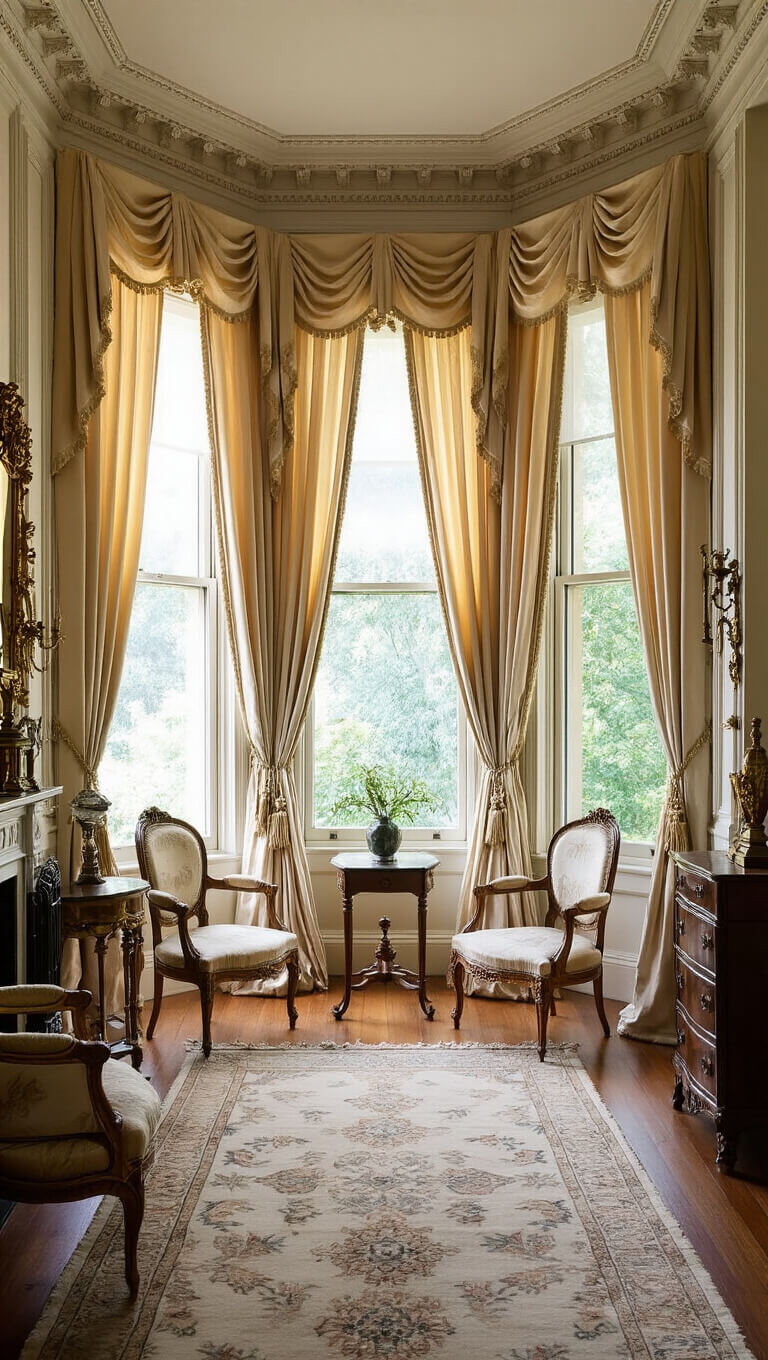 Victorian parlor with bay windows, champagne silk curtains, antique furniture, and gilded mirrors in soft natural light.