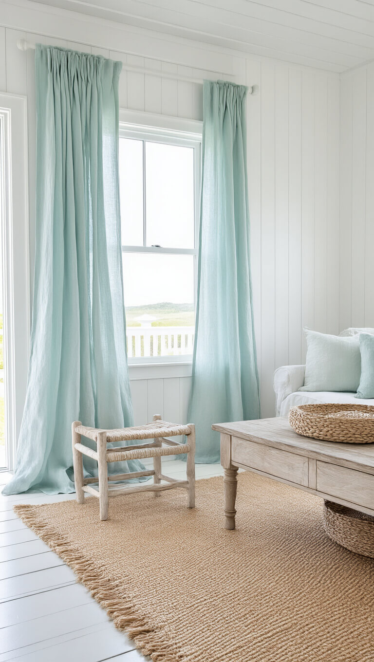 Coastal living room with white paneling, pale aqua linen curtains, jute rug, and weathered furniture on whitewashed floors.