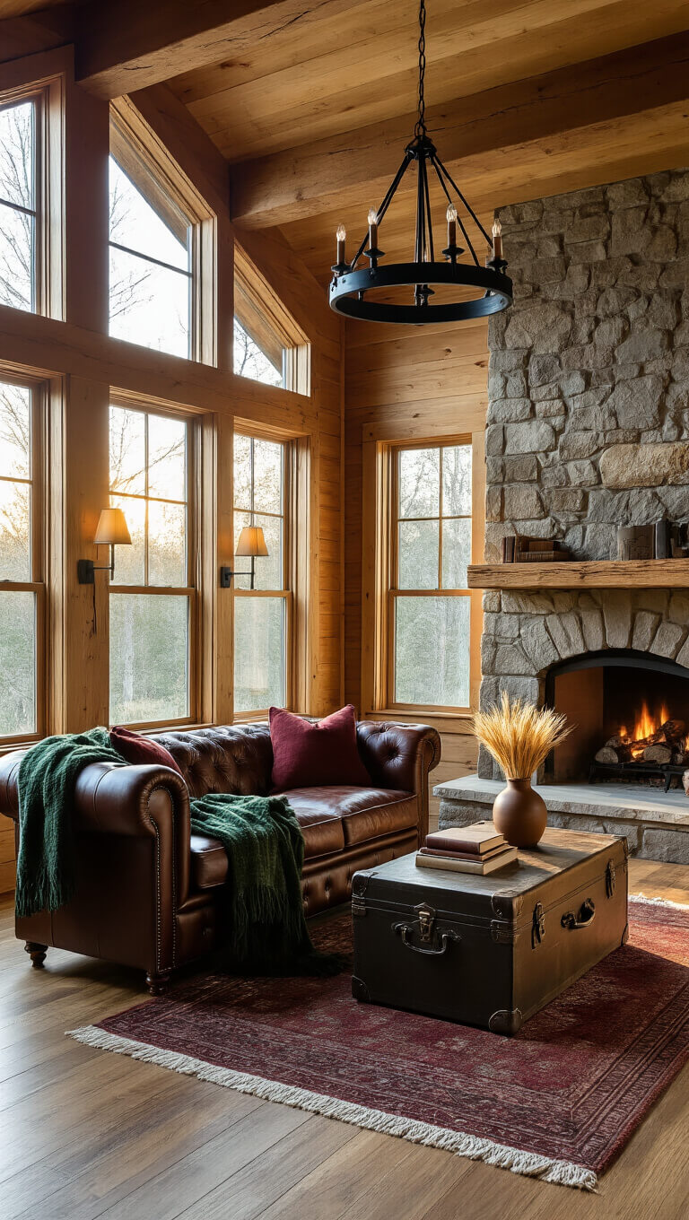 Cozy cabin living room at golden hour with sunlight streaming through large windows, highlighting a leather loveseat, stone fireplace, vintage trunk coffee table, and rustic wood accents.