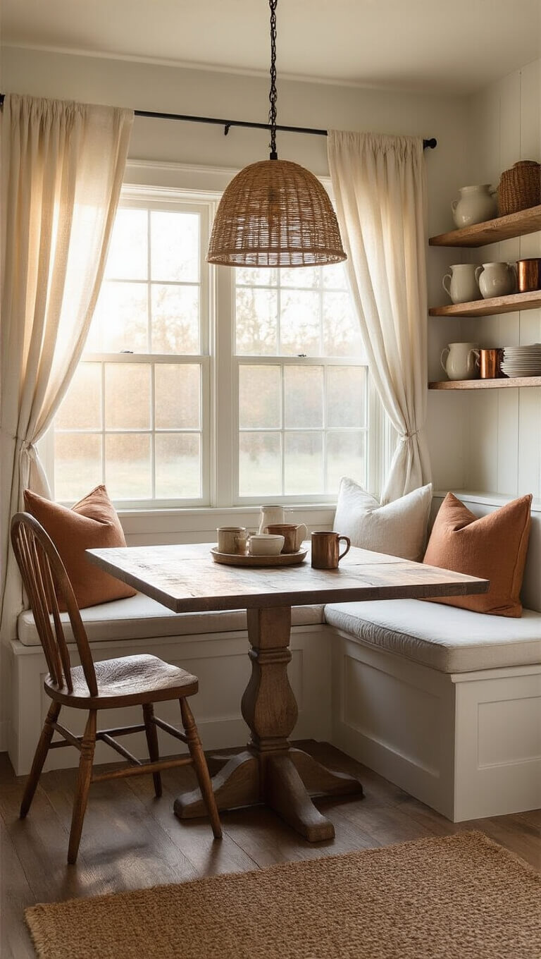 Cozy cabin breakfast nook at dawn with window seat, vintage table and chairs, soft morning light through linen curtains.