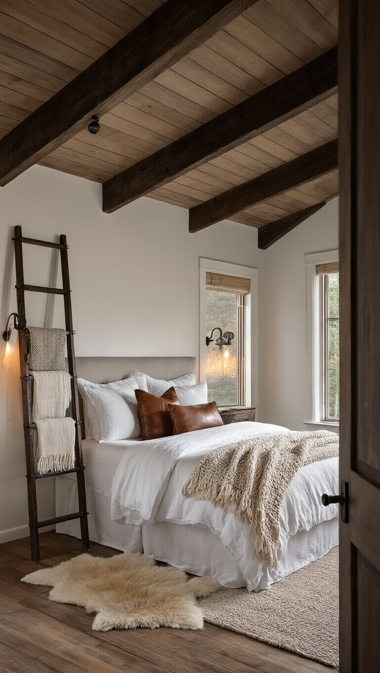 Cozy rustic cabin bedroom with vaulted ceiling, king bed, sheepskin rugs, and warm ambient lighting at dusk.