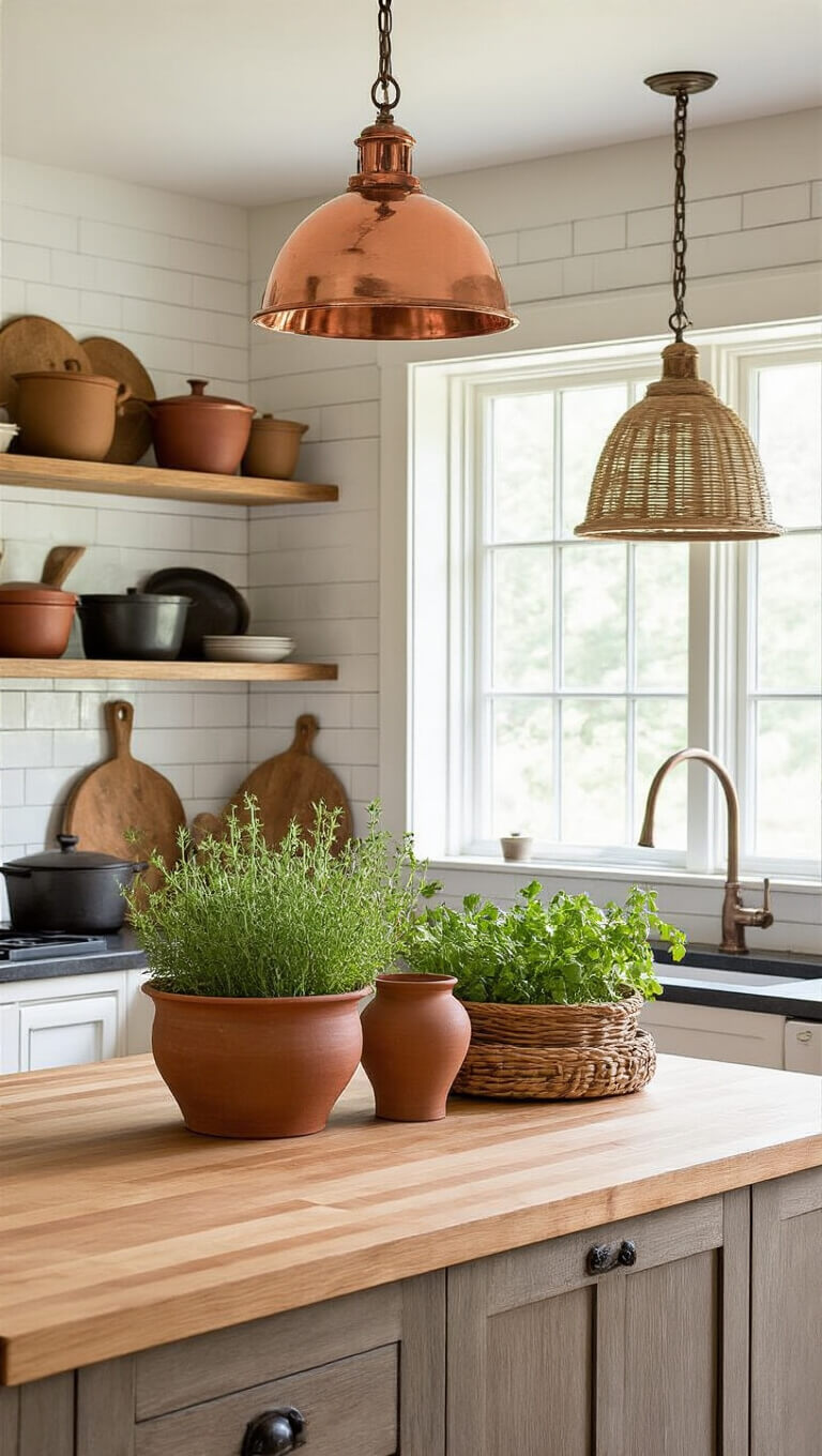 Cozy cabin kitchen with butcher block island, earthenware and herbs, open shelving with cast iron cookware, copper pot rack, stone backsplash, and woven pendant lights, viewed toward sunlit windows.