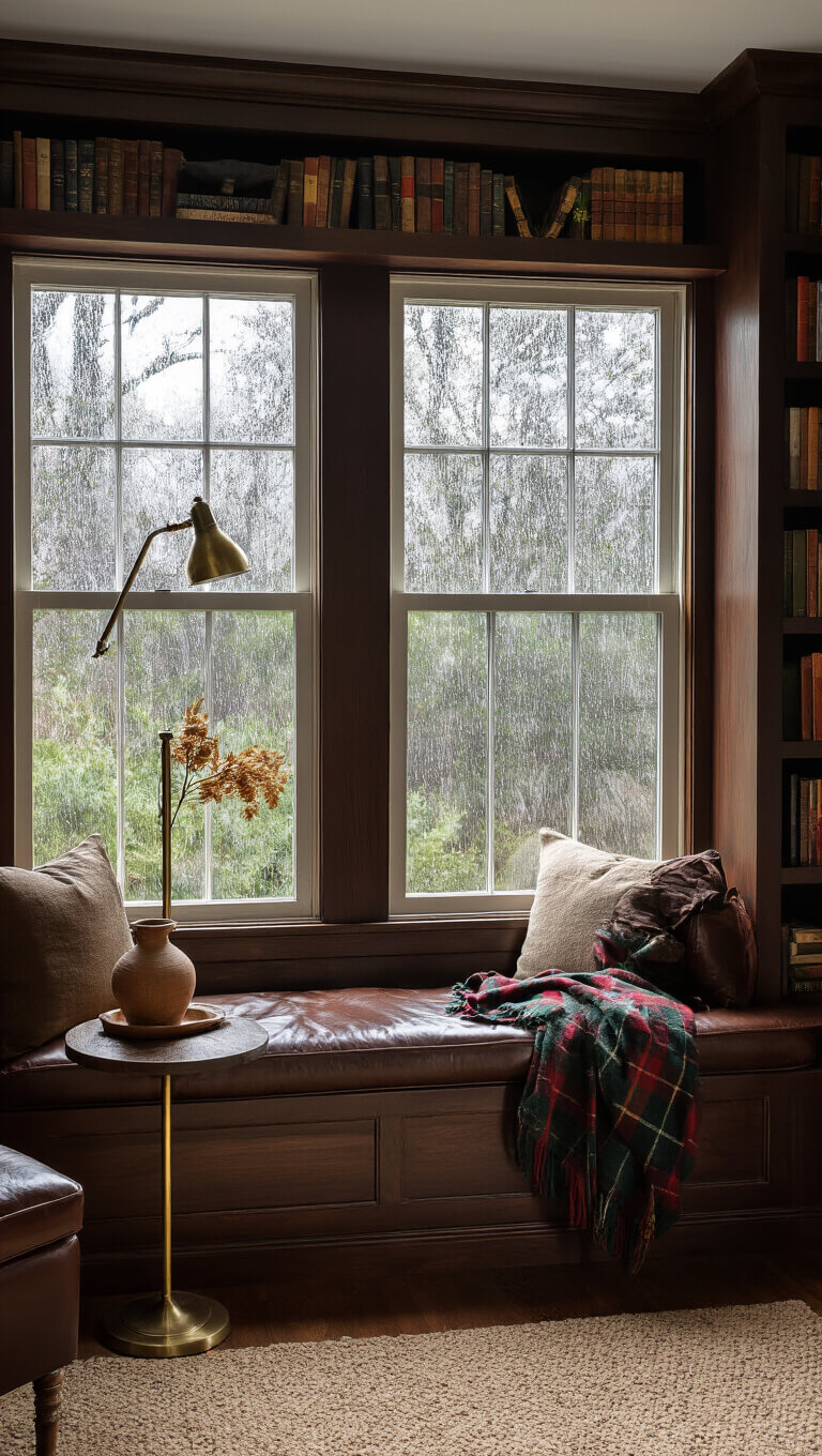 Cozy reading nook with dark walnut bookshelves, leather chair, brass lamp, and rainy window view, styled with vintage books and dried botanicals.