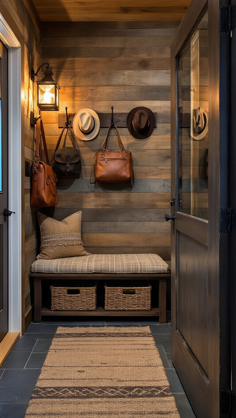 Twilight view of rustic cabin entryway with reclaimed wood wall, iron hooks holding hats and bags, antique bench with woven cushion and storage, vintage runner on slate floor, lantern sconce casting shadows, and leather-strapped mirror.