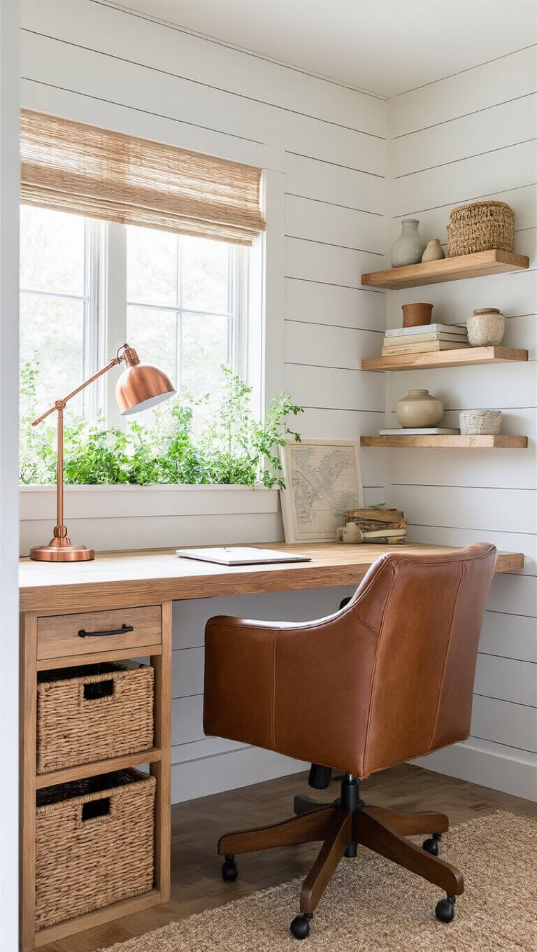 Cozy compact cabin workspace with floating wood desk, leather chair, copper task lamp, and plant-filled window in morning light.