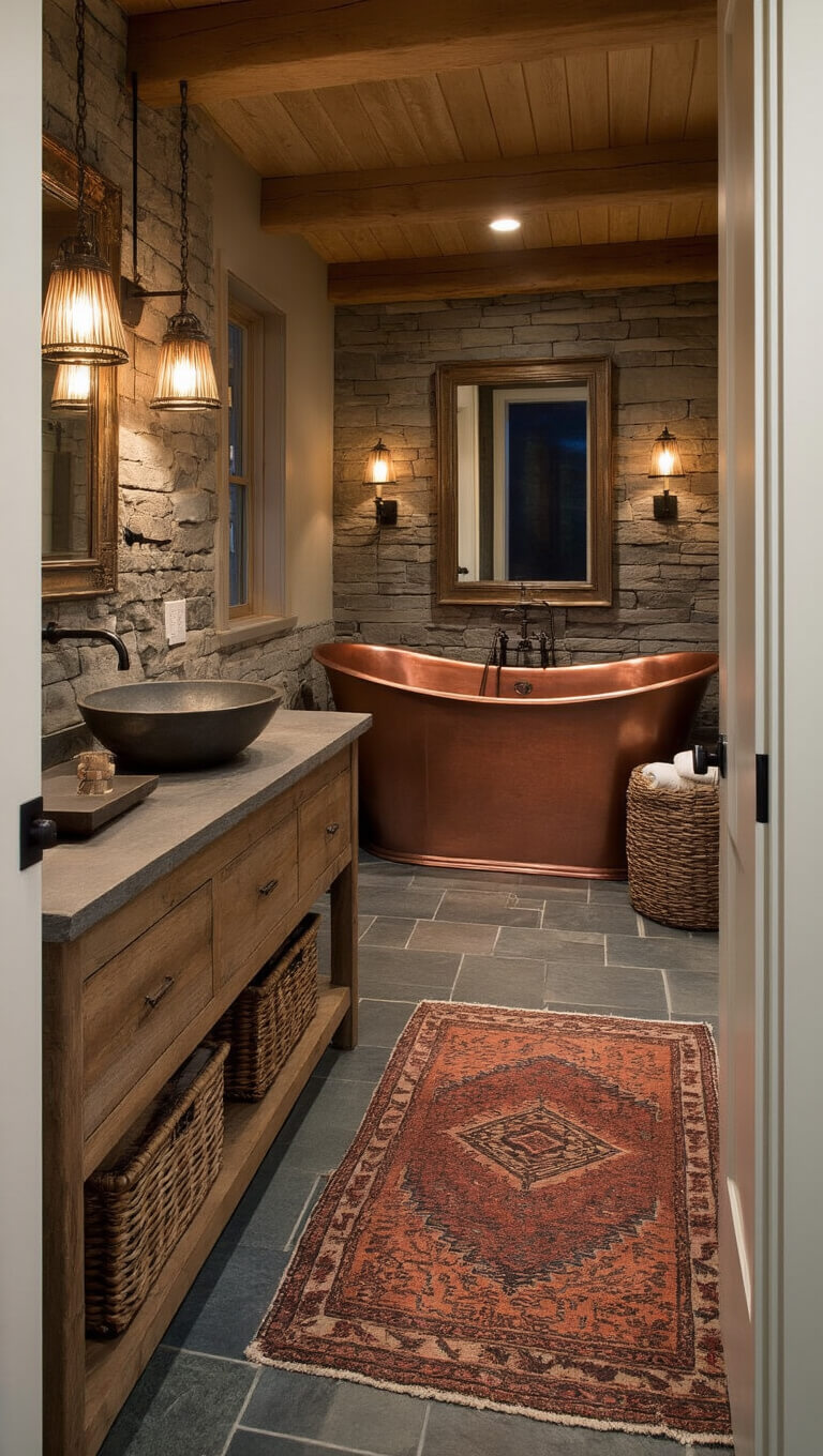 Rustic cabin bathroom at night with copper tub, stone accent wall, floating reclaimed wood vanity, vessel sink, Turkish rug on heated slate floors, vintage mirror, iron sconces, and woven baskets.
