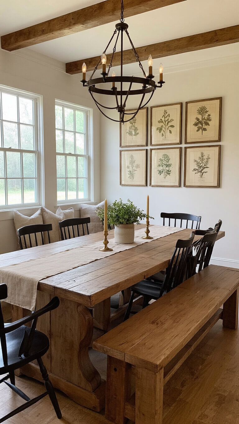 Cozy cabin dining space with a weathered oak farmhouse table, mixed bench and Windsor chairs, iron chandelier with Edison bulbs, vintage botanical print gallery wall, linen runner, and brass candlesticks, viewed from table’s head.