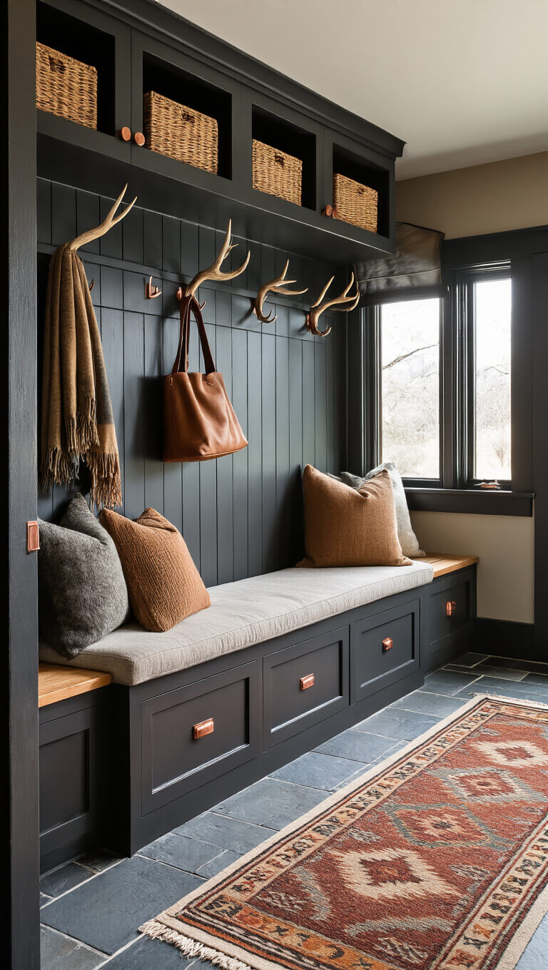 Winter cabin mud room with dark pine built-in lockers, copper hardware, bench seating with wool cushions, slate floor, vintage kilim runner, and antler hooks displaying accessories.