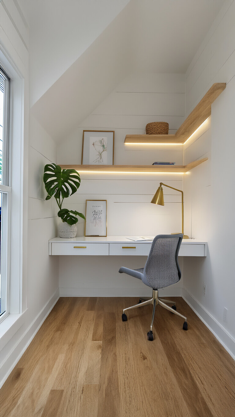 Modern under-stair home office nook with white desk, oak shelves, grey chair, and natural morning light.