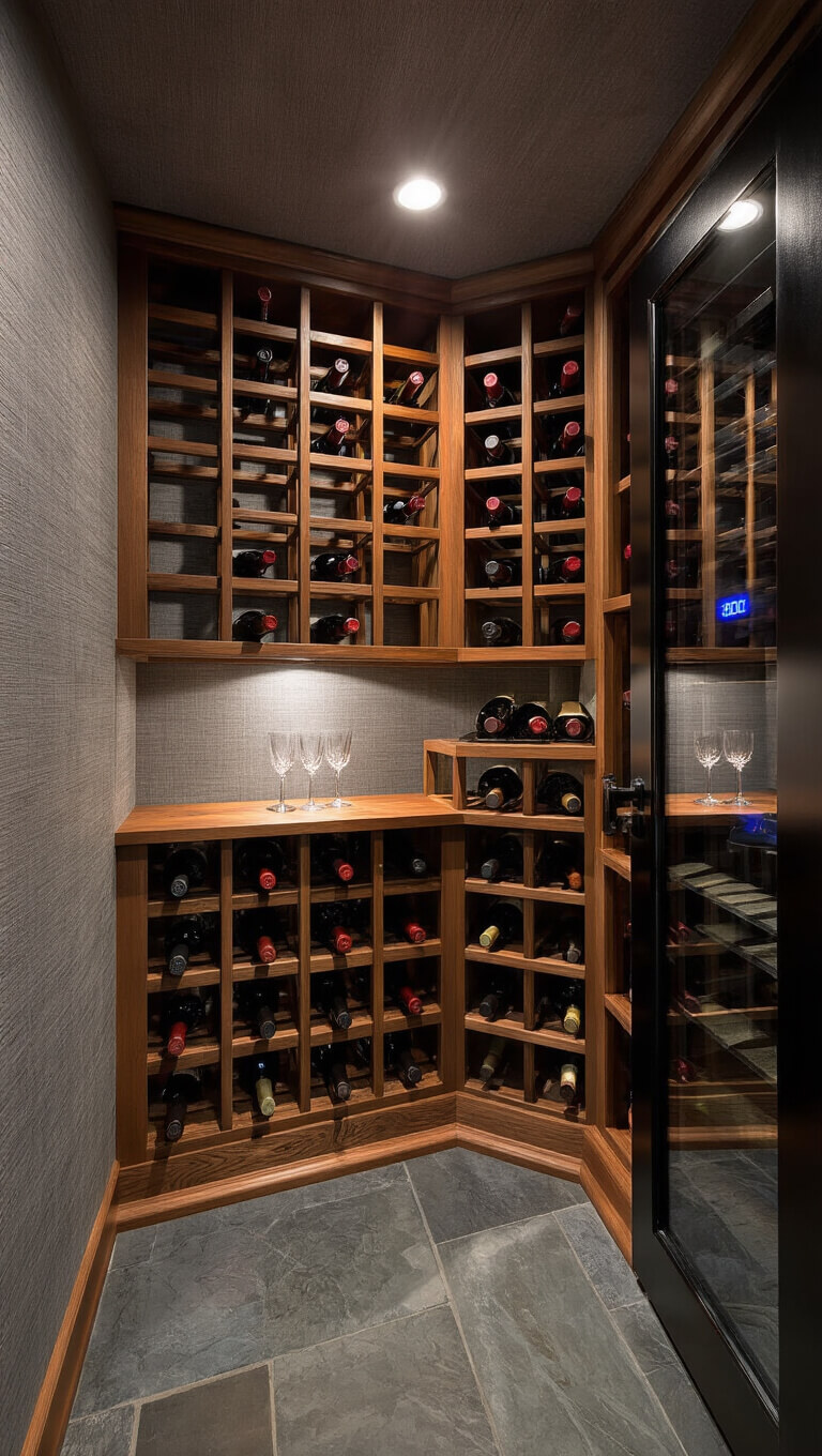 Luxurious under-stair wine cellar with cedar racks, glass door, moody lighting, and over 200 wine bottles in a refined, climate-controlled space.
