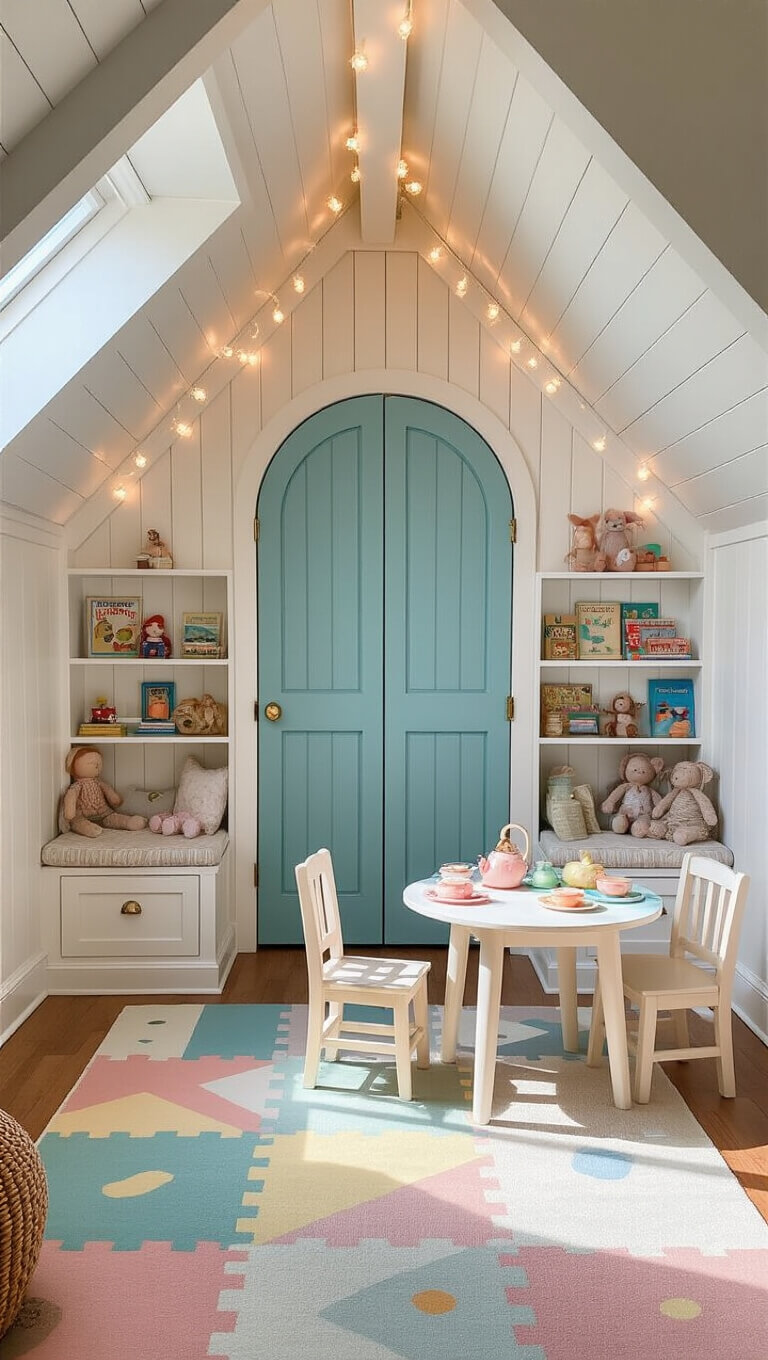 Whimsical under-stair children's playhouse with robin's egg blue Dutch door, white beadboard walls, pastel toys, and tea party set, viewed from child’s eye level.