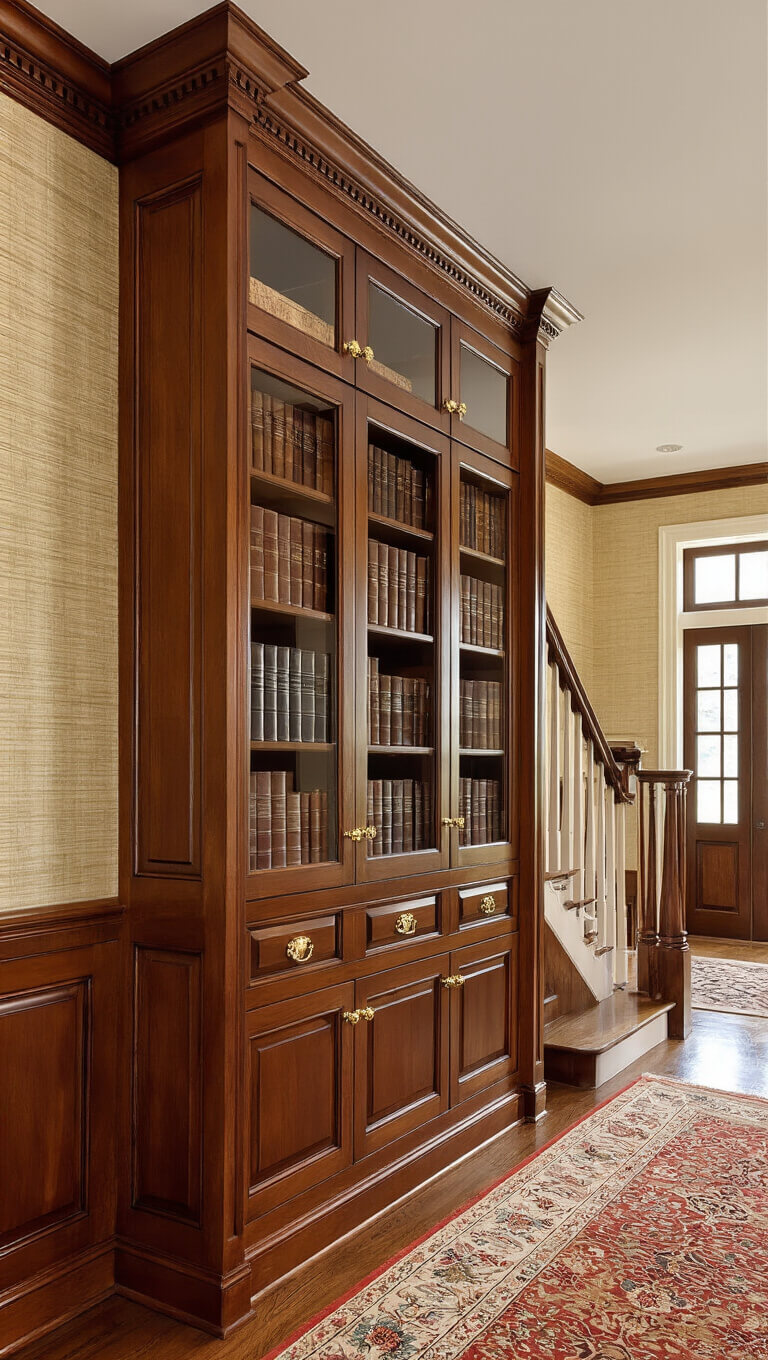 Traditional under-stair mahogany cabinets with raised panel doors, brass hardware, glass-front uppers displaying books, and pull-out basket storage, accented by ivory wallpaper and morning light.