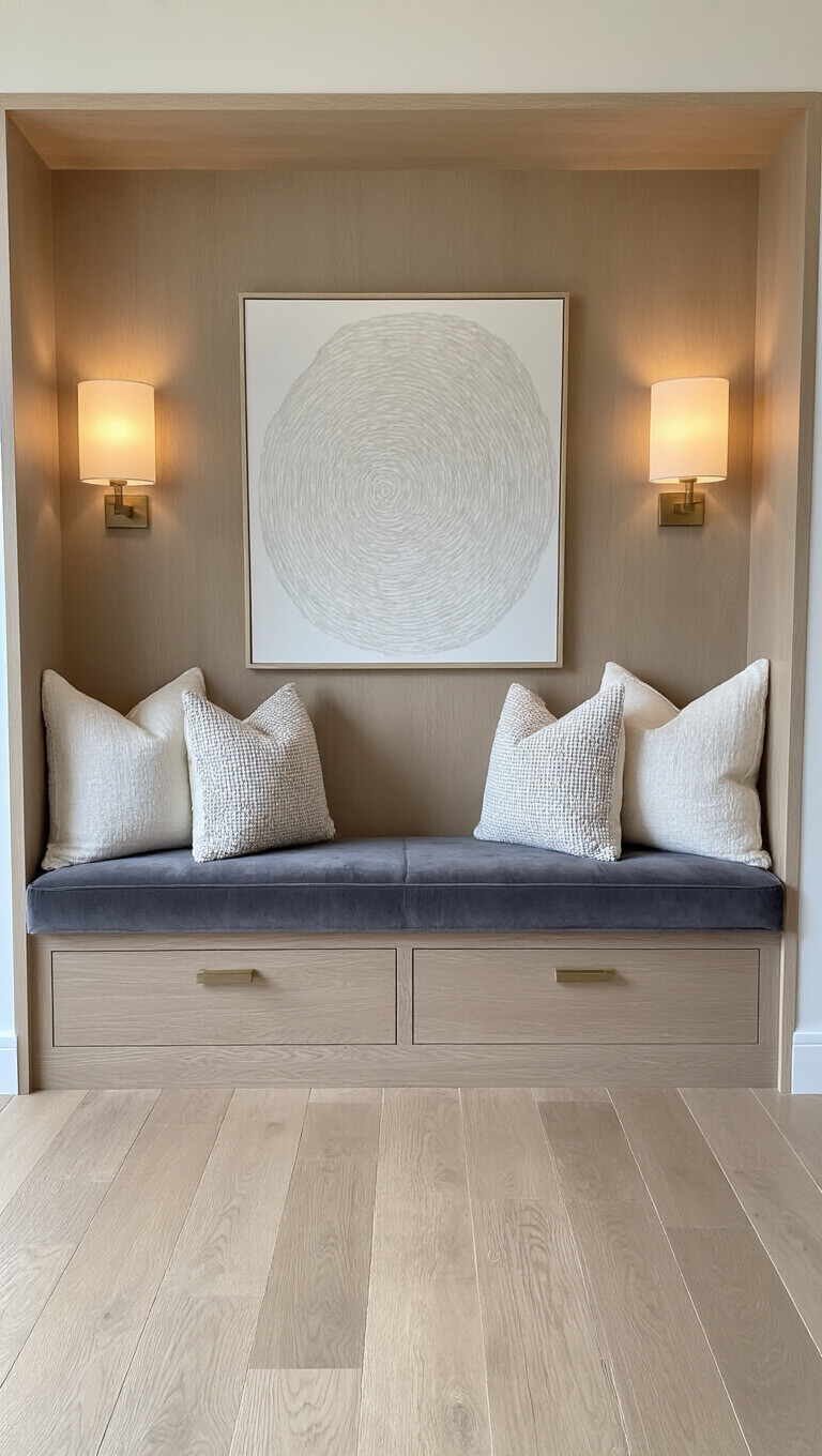 Contemporary reading nook with charcoal velvet bench, pale oak shelving, and soft cushions bathed in warm natural light.