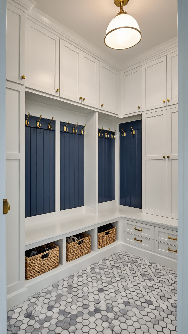 Under-stair mudroom with white shaker-style lockers, navy interiors, brass hooks, hexagonal marble tile, built-in bench, and woven baskets.
