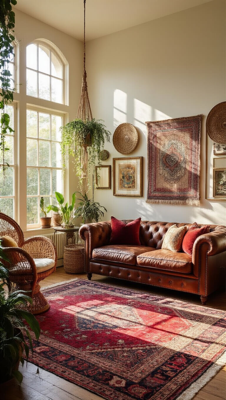 Boho living room at golden hour with vintage Chesterfield sofa, layered jewel-toned rugs, rattan chair, hanging plants, and eclectic wall art bathed in warm natural light.