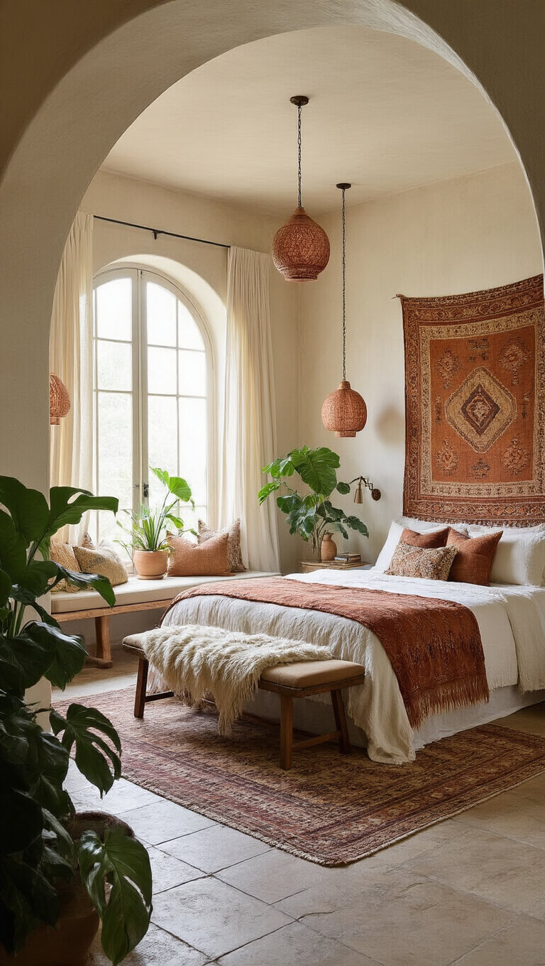 Bohemian bedroom with king bed, textured ivory wall, colorful woven tapestry, layered bedding, asymmetrical copper pendant lights, and plants by window nook in soft morning light.
