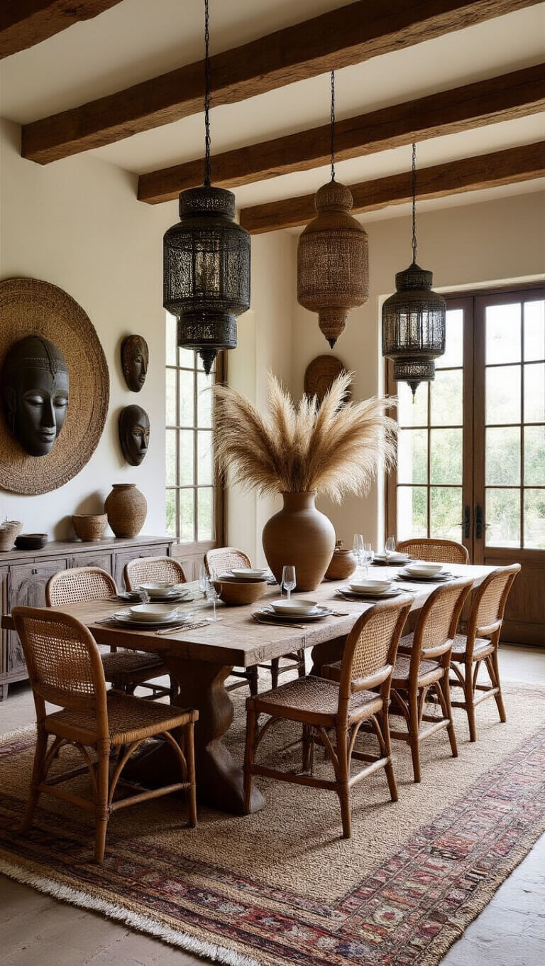 Global eclectic dining room with reclaimed wood table, mixed seating, Moroccan lanterns, and tribal decor, viewed from above with dramatic lighting.