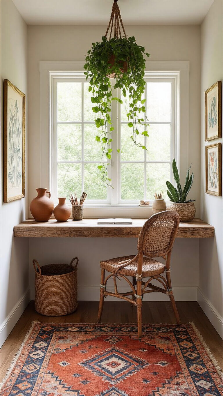 Cozy artistic home office nook with reclaimed wood desk, vintage chair, gallery wall art, ceramic supply holders, hanging pothos, and Turkish rug, lit by natural window light.